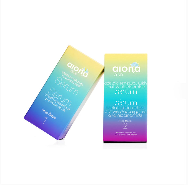 Two boxes of aiona serum with a gradient design on a white background