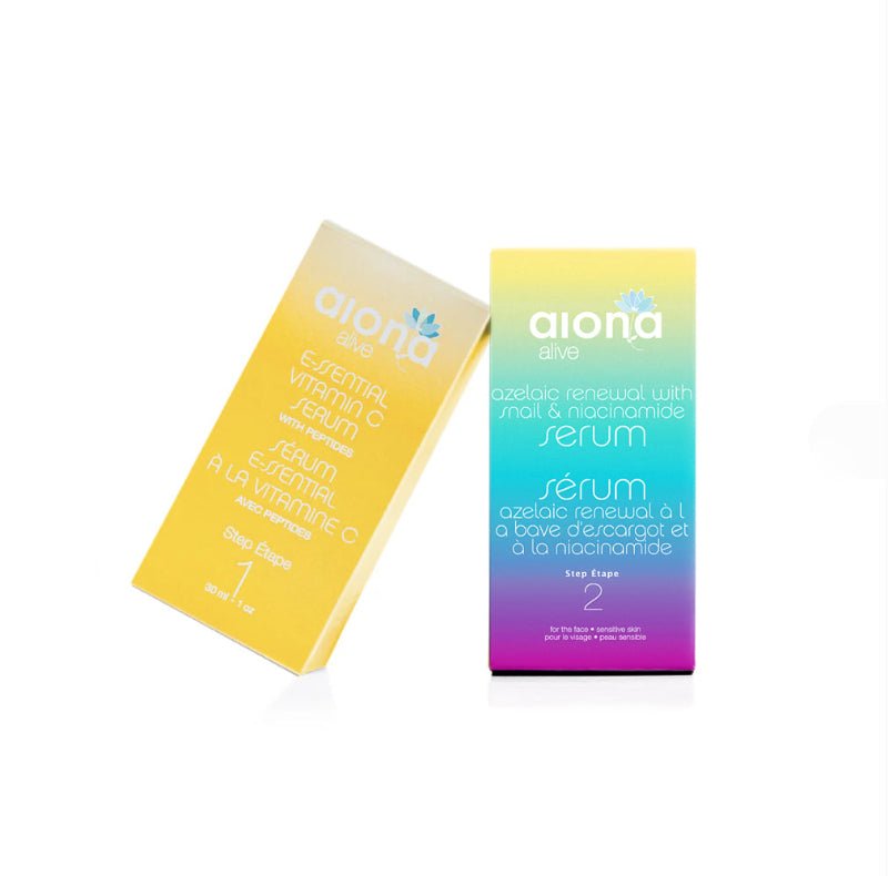 Two boxes of aiona skincare serum on a white background