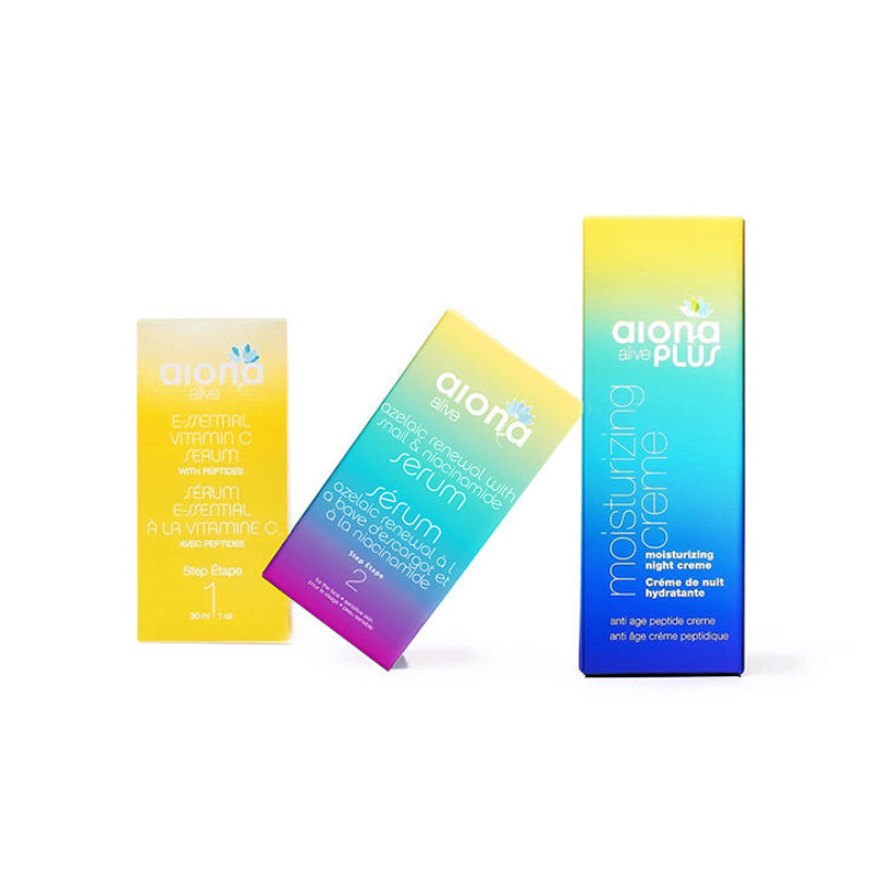 Three skincare product boxes with gradient designs on a white background